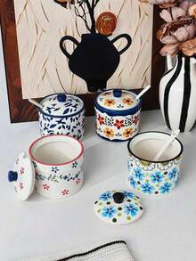 1pc Floral Design Ceramic Spice Jar With Lid And Spoon, Creative Household Seasoning Container, Convenient Spice Dispenser