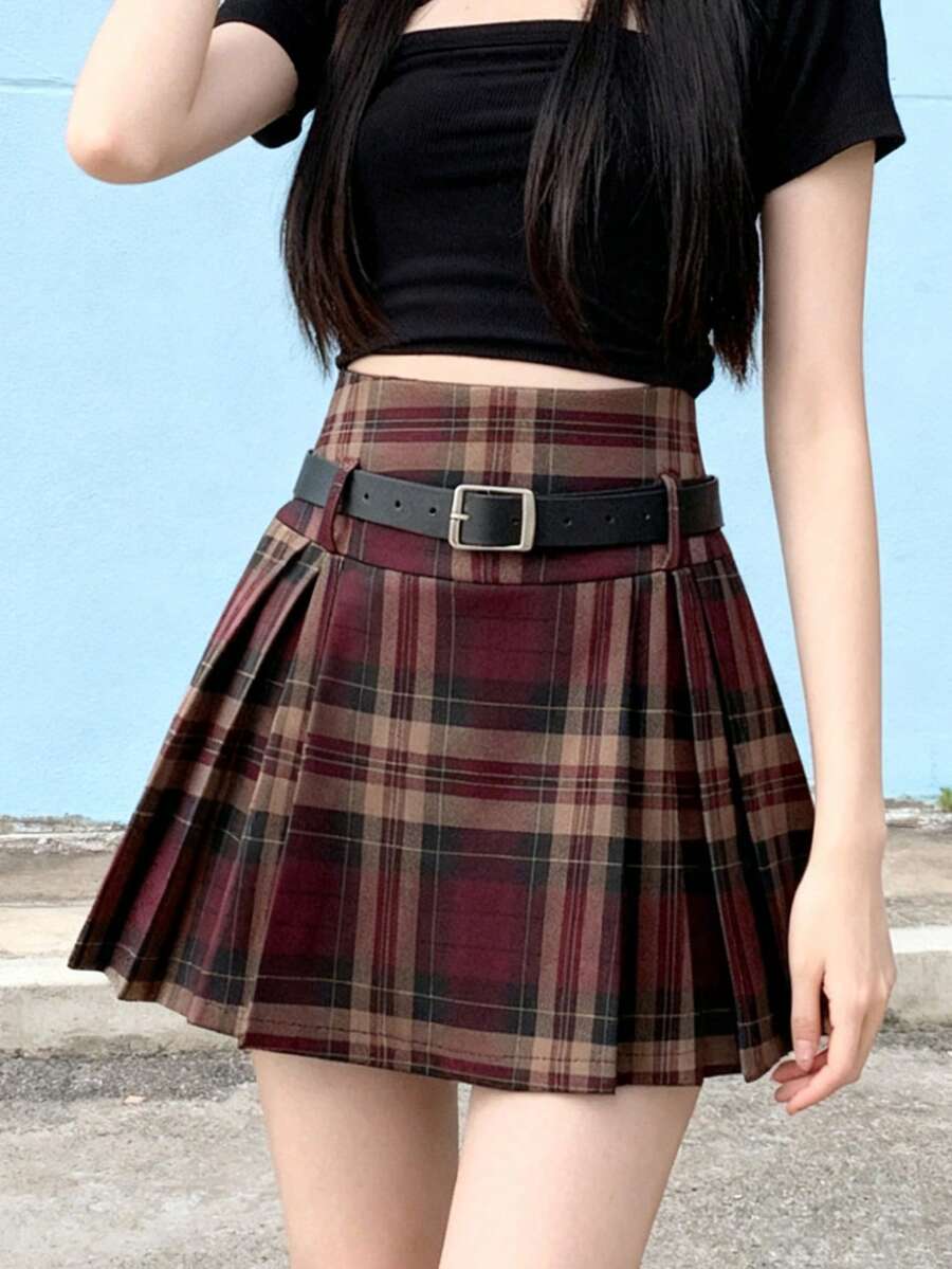 High Waist Plaid Skirt With Color Block And Pleats (With Waist Belt) - Red - View 1