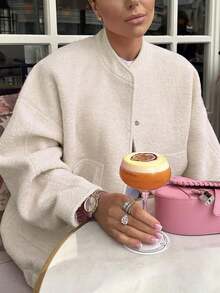 Ropa de mujer de otoño, chaqueta oversize casual con botones, con bolsillos, para volver a la escuela o salir de noche - Caqui - Ver 2