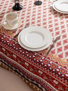 1 pièce Nappe rectangulaire bohème, motif géométrique de losanges rouges, décoration de franges beiges, lavable, nappe de table à manger, décoration de dessus de table, décoration de fête, nappe de fête, convient pour les rassemblements, les dîners, les fêtes, toutes les saisons - Rouge - Voir 9