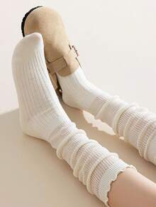 2双装女士袜子，秋冬季，适合搭配骑马靴，时尚纯色荷叶边过膝袜，舒适保暖。 - 彩色 - 查看 6