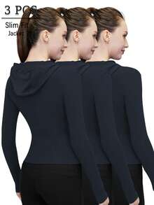 3-Piece Set Of Autumn And Winter Women's Hooded Sports Jacket, Winter Women's Jacket With Elastic Comfort, Thumb Button Back Shaping, Abdominal Shaping, Slimming And Fitness, Running Sportswear, Zipper Elasticity, Minimalist Fashion, Sexy, Slim Fit, Long Sleeved Yoga Clip - Màu xanh hải quân - Xem 2