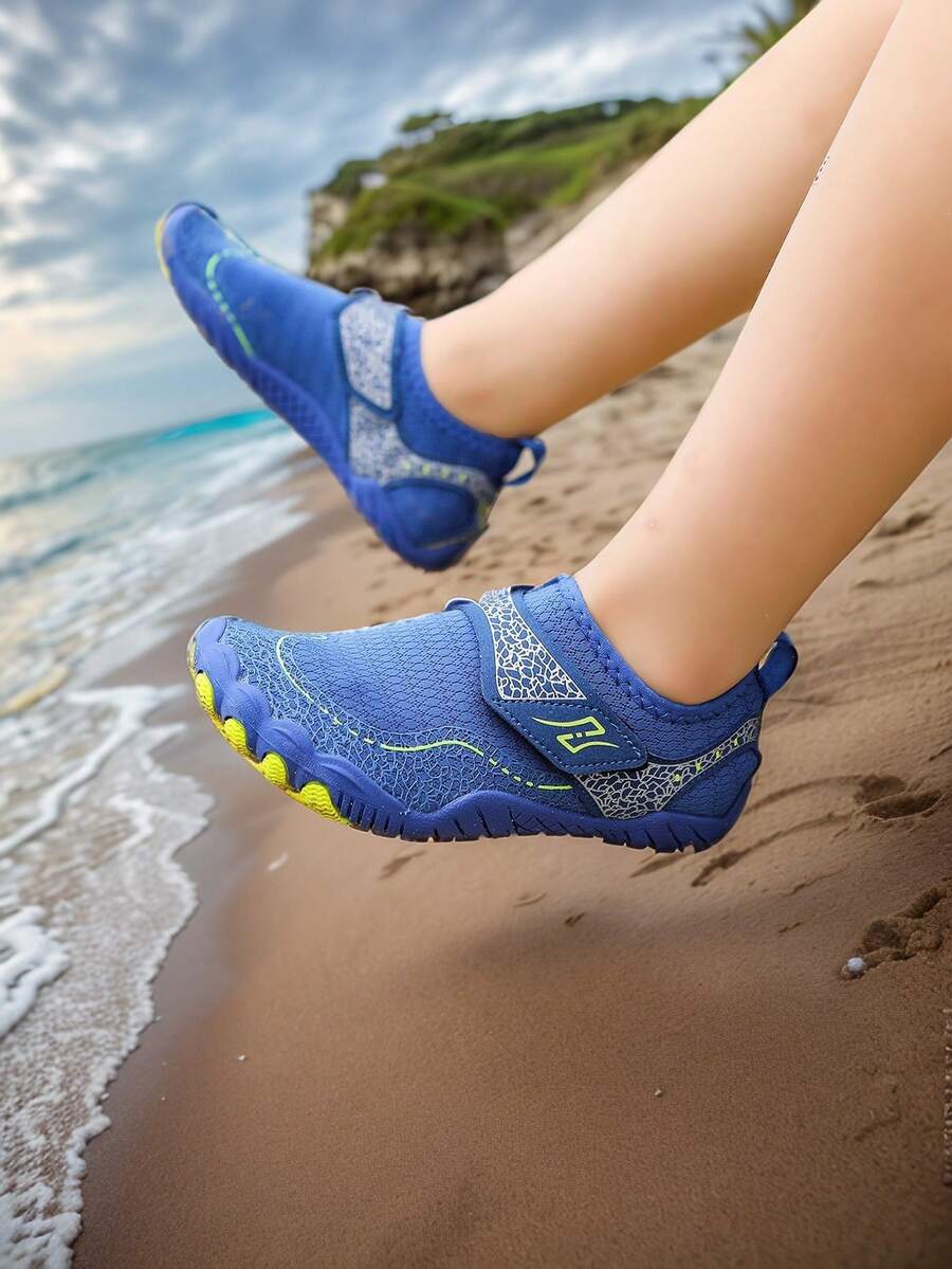 Kids Summer New Aqua Shoes, Random Animal Print, Breathable Mesh Upper, Low-Top Hook And Loop, Quick-Dry Barefoot, Boys Beach/Swimming Shoes, Rubber Non-Slip Sole, Outdoor Cycling, Indoor Fitness Yoga Running Jumping Multifunctional Training Shoes - Blue - View 1