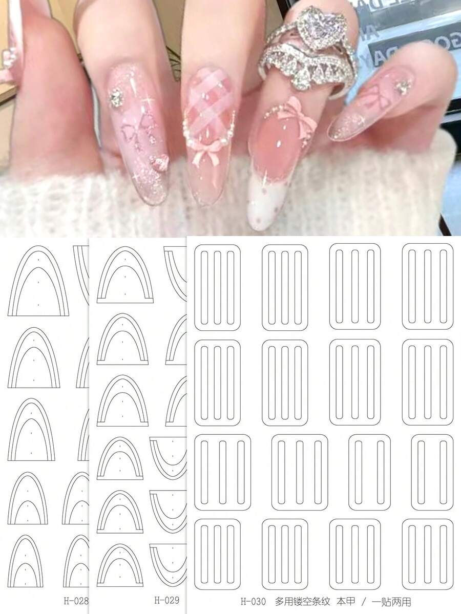3片装法式美甲贴纸 3D镂空喷绘模板工具 棋盘格线条法式美甲设计 DIY优雅时尚自粘贴纸滑块美甲装饰,美甲条纹胶带,打造完美甲片,美甲用品 - 無色 - 查看 1