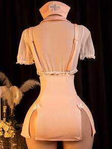 Sexy Nurse Costume, Cosplay, Sexy Lingerie Set: Top + Strap Skirt + Headband - 粉紅色 - 查看 3
