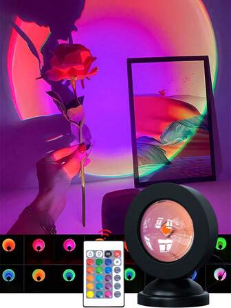 1 pieza Lámpara de atardecer RGB con control remoto, decoración para sala de estar y dormitorio del hogar, luz de ambiente ajustable y giratoria de varios ángulos, lámpara decorativa, lámpara de atardecer para dormitorio, lámpara de proyección para mesita de noche, lámpara de ocaso, alimentada por USB, decoración de habitación, regalo de vacaciones