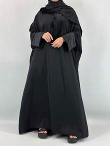 Pretty Fashion Muslim Dress Bell Sleeve Black Abaya Modest Women Kimono Robe With Scarf - Black - View 1