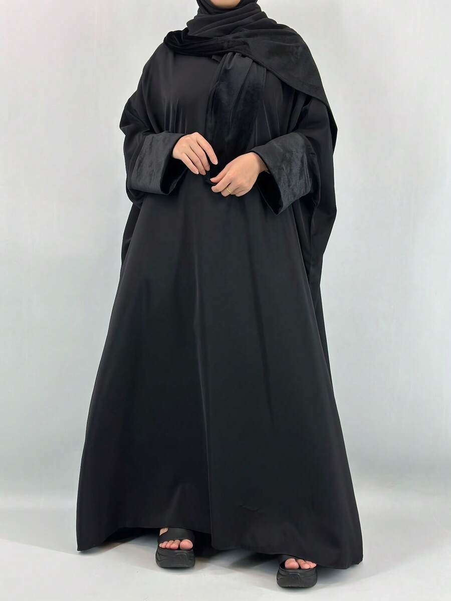Pretty Fashion Muslim Dress Bell Sleeve Black Abaya Modest Women Kimono Robe With Scarf - Black - View 1