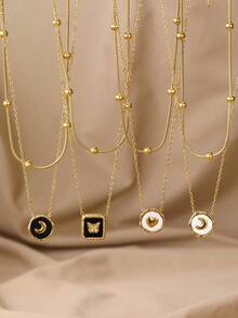 1pc Fashionable Luxury Stainless Steel Heart, Moon, Butterfly & Geometric Pendant Necklace, Versatile Daily Accessory Gift For Women