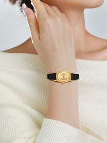 LUCKYFOX 1 Đồng hồ đeo tay nữ mặt vuông bằng hợp kim kẽm đơn giản, dây da, phù hợp cho cuộc sống hàng ngày, Halloween, cuối năm, - màu đen - Xem 2