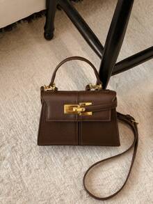 现代时尚女士手提包，配有装饰肩带，简约金色金属装饰，新款秋冬咖啡色，可调节可拆卸肩带，斜挎包，适合大学生日常购物 - 咖啡 - 查看 7