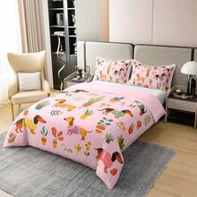 % Cotton Pink Dachshund Comforter Cover, Flower Floral Bedding Set, Kawaii Sausage Dog Duvet Cover, Lovely Puppy Quilt Cover, Soft Comfy, Dachshund Bedding - 粉色 - 查看 10