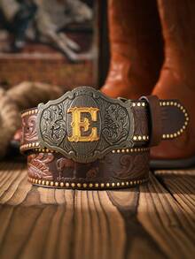 1pc Men's Western Style Letter Buckle PU Leather Belt (Hole Puncher Included) - Yellow Gold - View 5