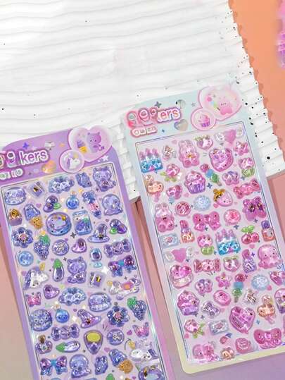 卡通3D箔片闪亮爱心奖励浮雕贴纸，摇摇油贴纸，适用于剪贴簿、幼儿园奖励贴纸、手机壳装饰、生日小礼物、可爱奖励兔子水晶浮雕贴纸、泡沫3D剪贴簿装饰贴纸