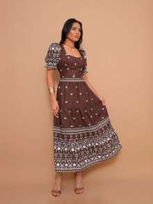 Helena Elegant Midi Dress With Printed Crepe Fabric And Short Sleeves. - Coffee Brown - View 2