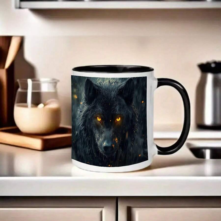 1pc Black Wolf Design 11oz Durable Ceramic Mug - Glowing Red Eyes & Sharp Teeth Artwork, White With Black Wolf Print, Perfect For Coffee, Tea, Juice, Milk - Ideal Birthday, Anniversary, Holiday Gift For Coffee Lovers & Home Cooks, Coffee Bar Accessories, Frozen Dessert Ceramic Cup, Tiger Cup,  Coffee Cup, Ship Mug, Panda Design Coffee/Dishware Cup, Red Panda Cup, Glowing Cup, Cup And Mug, Coffee Mug, Oz Mug, Unusual Mug - in ấn - Xem 1