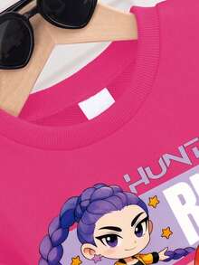 Tween Girl Cartoon Pattern Warm Crew Neck Sweatshirt And Bubble Skirt Set