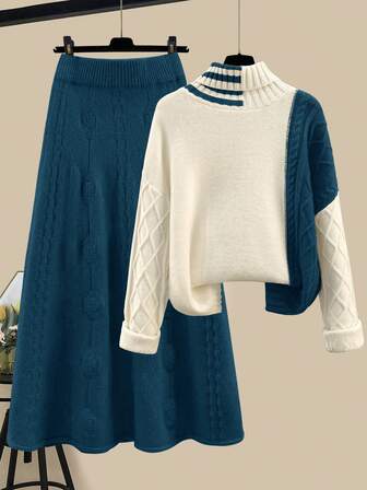 新年时尚优雅宽松休闲女式高领套头长袖撞色毛衣和半裙两件套，女士秋冬装