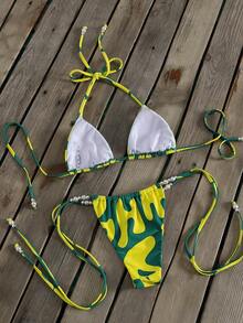 New Carnival Women's Bikini Set, Tropical Yellow-Green Artistic Geometric Wave Color Block Print Sexy Party Swimwear, Summer Beach Vacation Music Festival - Multicolor - View 3