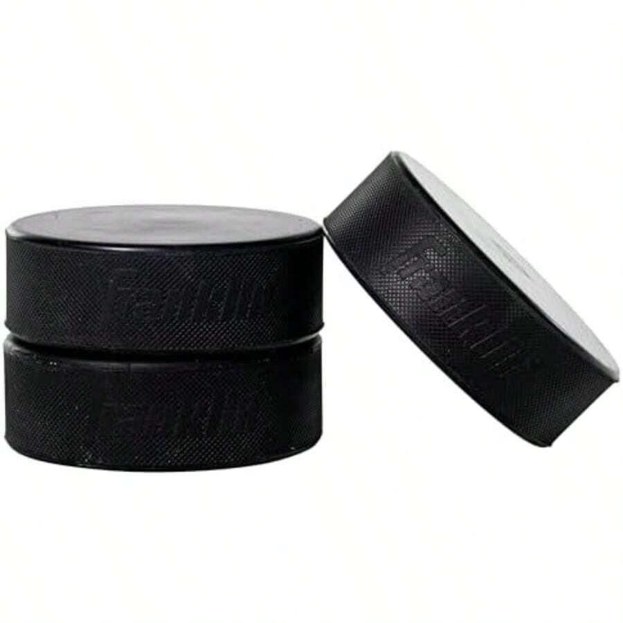 Franklin Sports - Pucks de Hockey sobre Hielo, tamaño Oficial + Discos de Hockey con Peso, perfectos para Pistas + Almohadillas para Orejas de Hielo sintéticas, Juego de 3 Discos a Granel(Disco oficial de 6 onzas) - Multicolor - Ver 1