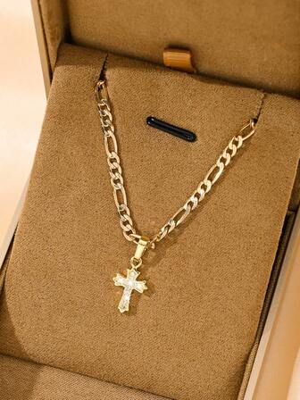1pc Copper Inlaid Zirconia Cross Pendant Necklace, Small Size Suitable For Layering, Ideal Gift For Christmas, Thanksgiving, Halloween, Mother's Day, Valentine's Day, Friends, Religious Occasions, Daily Wear And Prayer