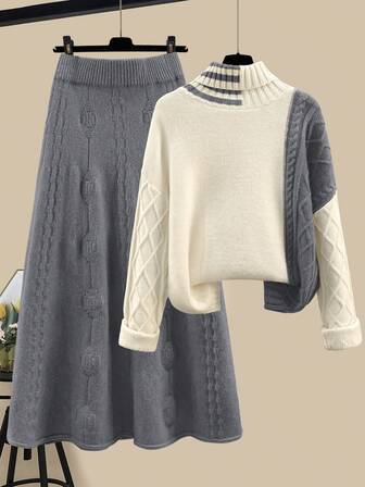 New Year Fashion Elegant Loose Casual Women High Neck Pullover Long Sleeve Color Block Sweater & Skirt 2 Piece Set, Women Autumn/Winter Outfit
