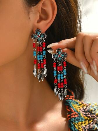 1 Pair Vintage Neo-Chinese Style Faux Turquoise Beaded Leaf & 4-Petal Flower Tassel Earrings, Hollow Lucky Knot Boho Earrings, Suitable For Women's Daily, Banquet, Party Matching, Gift For Friends