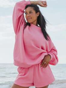 Women's Lazy Style Sweatshirt Shorts Set Oversize Design Sweet Style Versatile For Daily Casual Looks - 玫紅色 - 查看 3