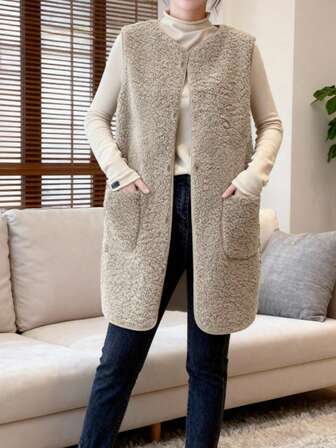 1 件毛绒纯色外套夹克，复古风格绒面仿皮毛衬里长款背心外套，适合女士，秋冬