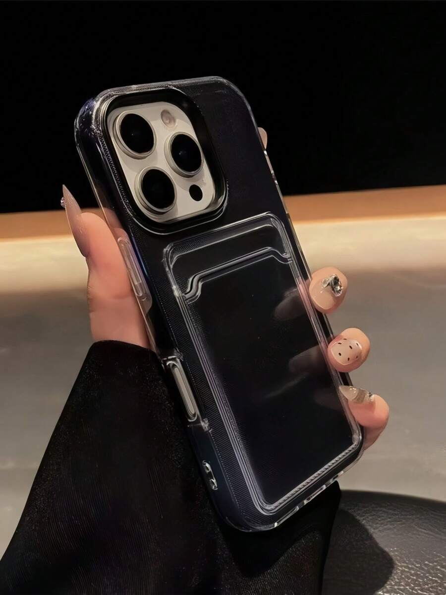 Funda de teléfono con ranura para tarjeta de unicolor minimalista, material de 2 en 1, funda de teléfono con ranura para tarjeta de color caramelo compatible con Apple 16 15 14 13 12 11 Pro Max 16 Plus 17 17 Pro Max, simple, anti-caída, transparente, funda suave, regalo de Pascua y primavera - Negro - Ver 1