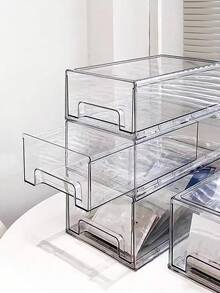 1pc Drawer Style Face Mask Storage Box, Transparent Dust-Proof Desktop Storage Box, Large Capacity Acrylic Cosmetic Storage Box, Vanity Desktop Storage Box, Bathroom Desktop Organizer Rack, Stackable Sunflower Design, Thick Transparent PET Material, Multi-Functional Accessory, Face Mask, Lipstick Storage Box, Student Stationery Storage Box - Transparent - View 3