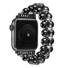 双排珍珠钻石表带，适用于 38mm、40mm、41mm、42mm、44mm、45mm、46mm、49mm 表带 - 女士弹性表带 - 优雅时尚的珍珠钻石闪耀设计 - 舒适轻盈，经久耐用 - 适合 5.5-6.3 英寸手腕 - 替换表带配件 - 黑色 - 查看 18