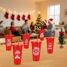 D12Pcs Merry Christmas Plastic Cups With Lids Straws 24 Oz Red Xmas Drinking Cups Reusable Tumbler For Cold Beverage Drink Party Favors Plies - Đỏ - Xem 7