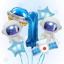7pcs Astronaut Balloon Decoration Set - For Birthday, Party, Space Theme Decor - Includes 32inch Blue Number 1,2,3,4,5,6 Balloons, Suitable For 1st Birthday - No Power Required To Float - Fit For Boys Astronomy Party - All Season Celebration Decor, Space Themed Design, Balloons - Blue - View 8