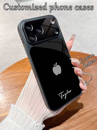 1 pieza Funda de teléfono personalizada minimalista con diseño de manzana negra de lujo, vista grande, vidrio templado mate con protección de lente y anti-caída, compatible con iPhone 17/17Pro/17ProMax/17Air/16/16Pro/16ProMax/16Plus/15/15Plus/15Pro/15ProMax/14/14Plus/14Pro/14ProMax/13/13Pro/13ProMax/12/11, accesorios de teléfono con cobertura completa y protección premium