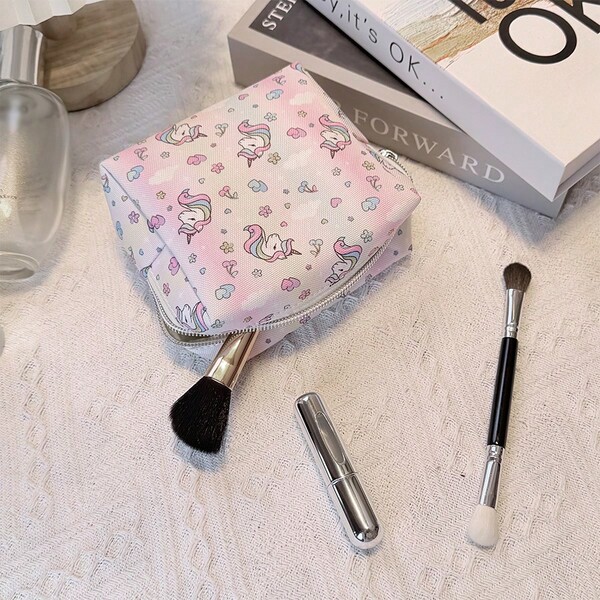 Cute Unicorn Print Cosmetic Bag, Light Pink Cartoon Makeup Pouch, Portable Travel Toiletry Organizer