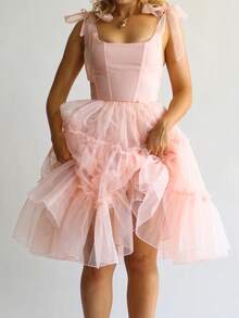 Womens Poofy Layered Tulle Short Dress Y2K Spaghetti Strap Sleeveless Square Neck Ruffle Tiered Tutu Dress Solid Color Tie Back Midi A-Line Dress Elegant Cocktail Party Dress - 粉色 - 查看 2