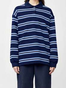 Womens Rugby T-Shirts Long Sleeve V Neck Stripes Print Loose Tops Spring Fall Blouses - Azul - Ver 1