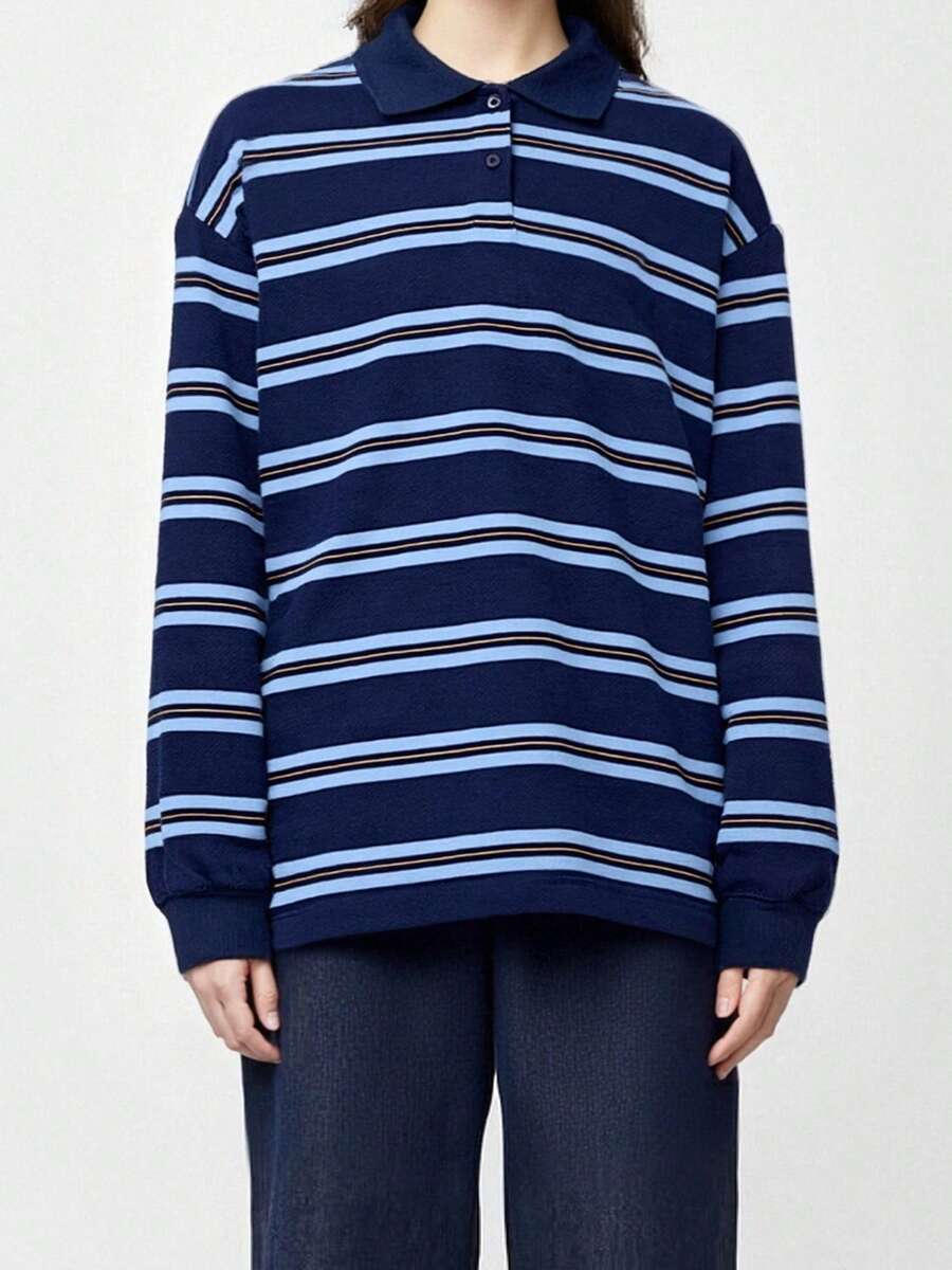 Womens Rugby T-Shirts Long Sleeve V Neck Stripes Print Loose Tops Spring Fall Blouses - Azul - Ver 1