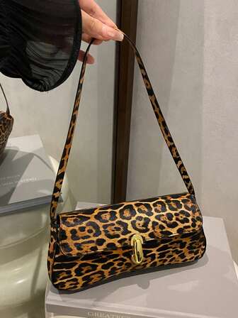 Commuter Vintage Leopard Print Metal Buckle Underarm Bag, Lightweight Baguette Bag, PU Shoulder Bag
