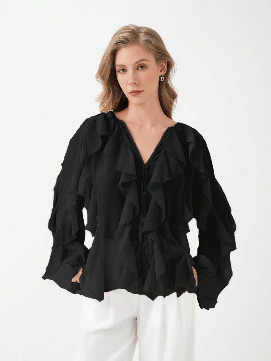 HZXVIC Women's New Autumn French Style Multi-Layer Ruffle Sheer V-Neck Drape Long Sleeve Blouse - Black - View 1