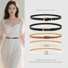 Women's Classic PU Leather Skinny Belt Set - Solid Color Buckle Adjustable Waist Belt, Suitable For S Size Pants, Dresses, Casual & Office Party Outfits, Essential Wardrobe Accessory