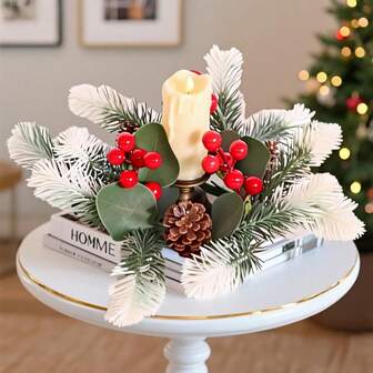 1个/2个人造红色浆果松针圣诞花环烛台装饰，桌面摆件