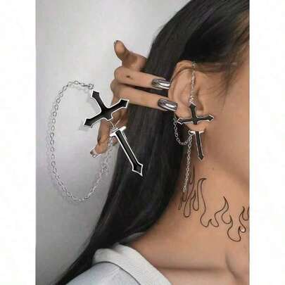 1pc Black Cross Integrated Stud Earring With Chain Edgy Fashionable Suitable For Women's Daily And Festival Wear
