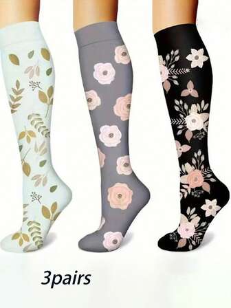 3 Pairs Compression Socks, Women's Knee High Leg Slimming Shaping Socks, Cycling Yoga Long Tube Socks With Floral Print Pattern