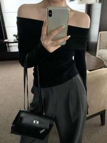 Un hombro de punto las mujeres de otoño de manga larga ajustada camisa de fondo picante sexy sin tirantes tops cortos blusas elegantes dama - Negro - Ver 3