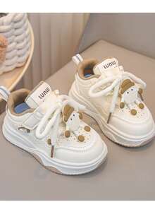 1 Pair Cartoon Character PU Material Pink Lace-Up Children's Sports Shoes, Fashion Versatile Comfortable Toddler Walking Shoes, Lightweight Casual Girls Running Shoes, Suitable For Daily Wear - Khaki - View 3