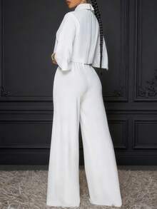 Elegant White Two-Piece Outfit For Women Half Sleeve Batwing Blouse And Long Pants Set With Pockets Slight Stretch Woven Fabric - 白色 - 查看 4