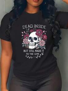 100% Cotton Dead Inside But Still Made It To Gym Workout Floral Skull T-Shirt Women's Men's Black Crew Neck T-Shirt Breathable Summer Tee Vacation Tops Fashion T-Shirt Dress - Black - View 1