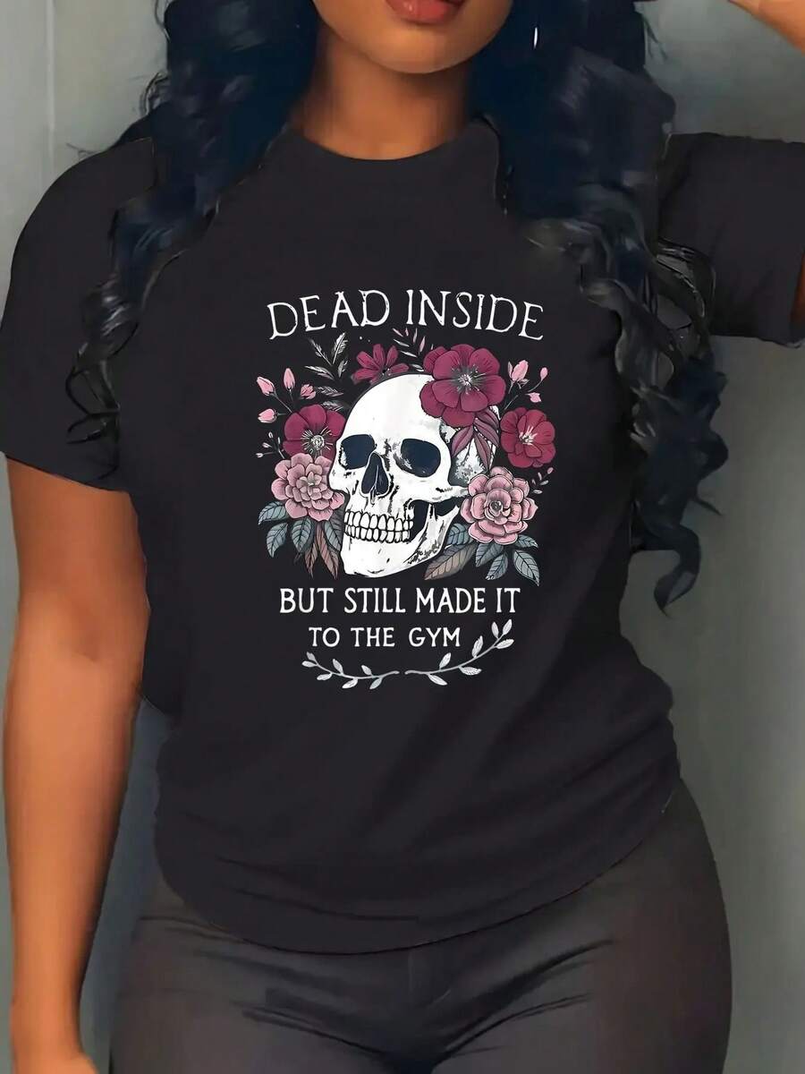 100% Cotton Dead Inside But Still Made It To Gym Workout Floral Skull T-Shirt Women's Men's Black Crew Neck T-Shirt Breathable Summer Tee Vacation Tops Fashion T-Shirt Dress - Black - View 1